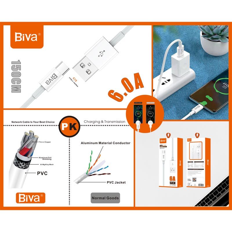 کابل تایپ سی فست شارژ Biva C-12 6A 1.5m