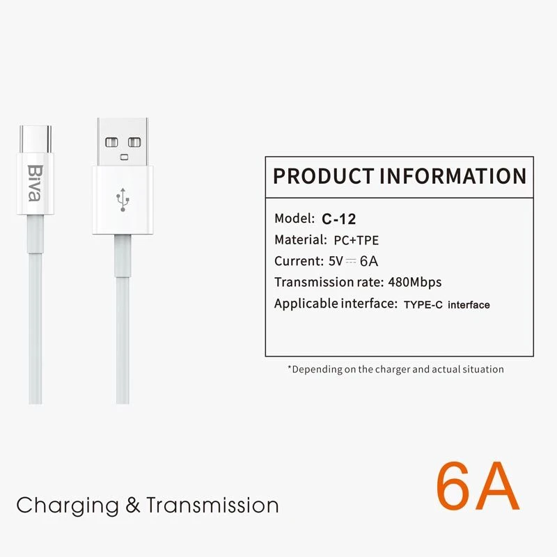 کابل تایپ سی فست شارژ Biva C-12 6A 1.5m