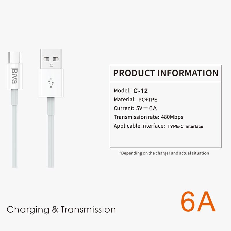 کابل تایپ سی فست شارژ Biva C-12 6A 1.5m