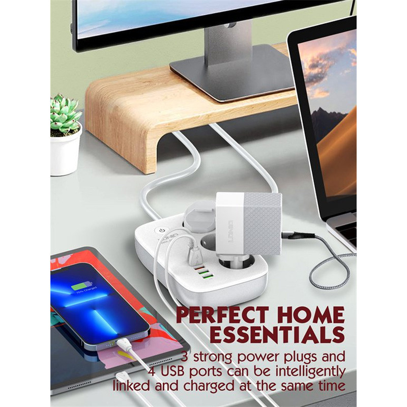 چند راهی 3 خانه برق ارت دار الدینیو SEW3452 با کابل 2 متری + شارژر USB و Type-C