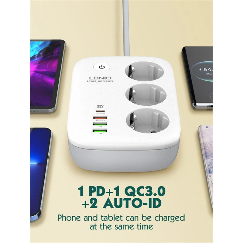 چند راهی 3 خانه برق ارت دار الدینیو SEW3452 با کابل 2 متری + شارژر USB و Type-C