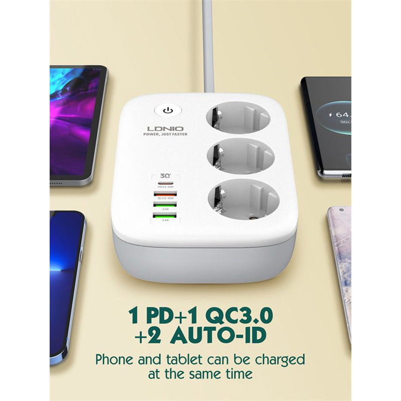چند راهی 3 خانه برق ارت دار الدینیو SEW3452 با کابل 2 متری + شارژر USB و Type-C