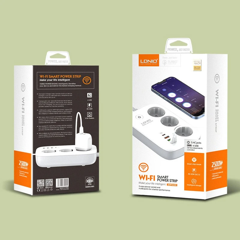 چند راهی 3 خانه برق ارت دار الدینیو SEW3452 با کابل 2 متری + شارژر USB و Type-C