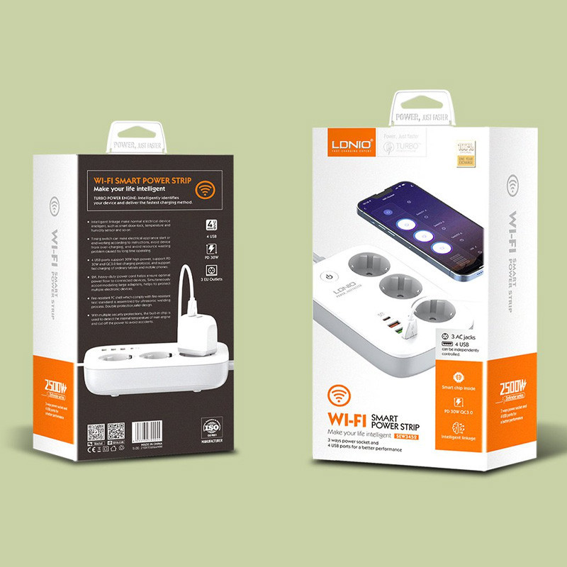 چند راهی 3 خانه برق ارت دار الدینیو SEW3452 با کابل 2 متری + شارژر USB و Type-C