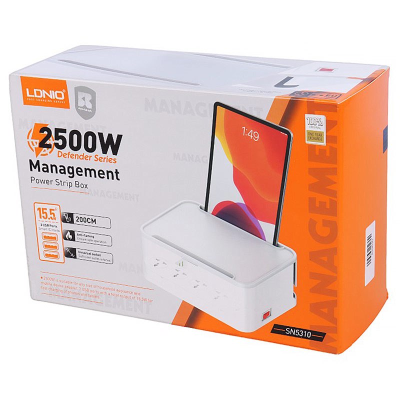 چند راهی 5 خانه برق ارت دار الدینیو SN5310 با کابل 2 متری + شارژر USB