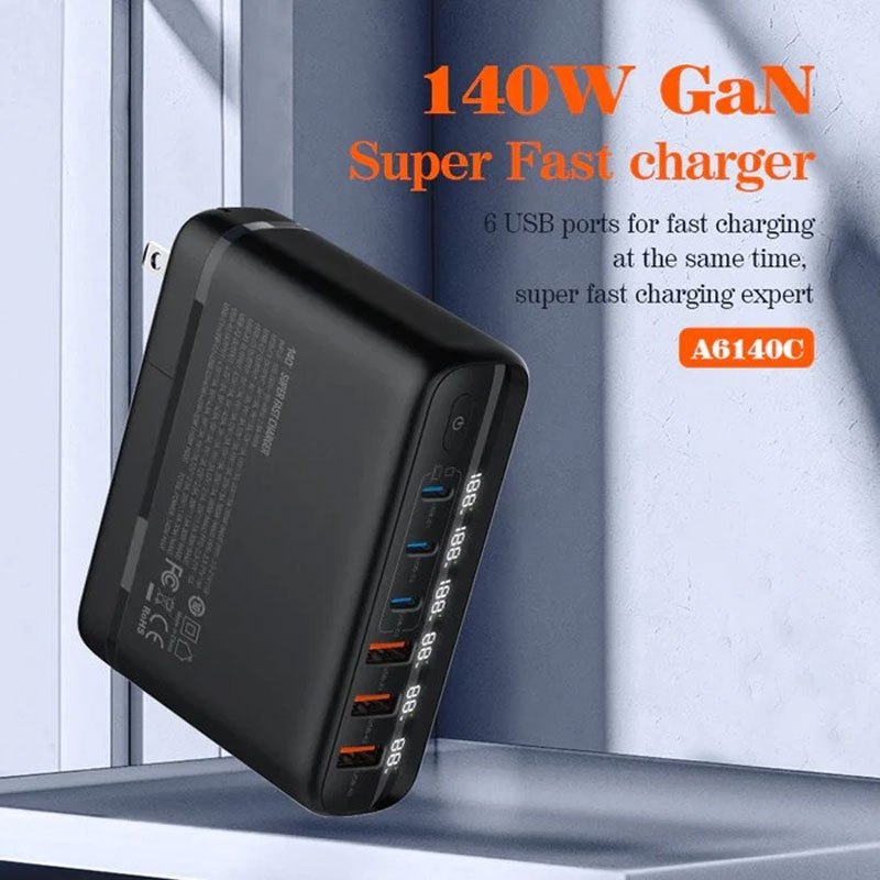شارژر دیواری 140 وات الدینیو A6140C GaN QC5.0 PD 5A + کابل تبدیل تایپ سی و تبدیل برق