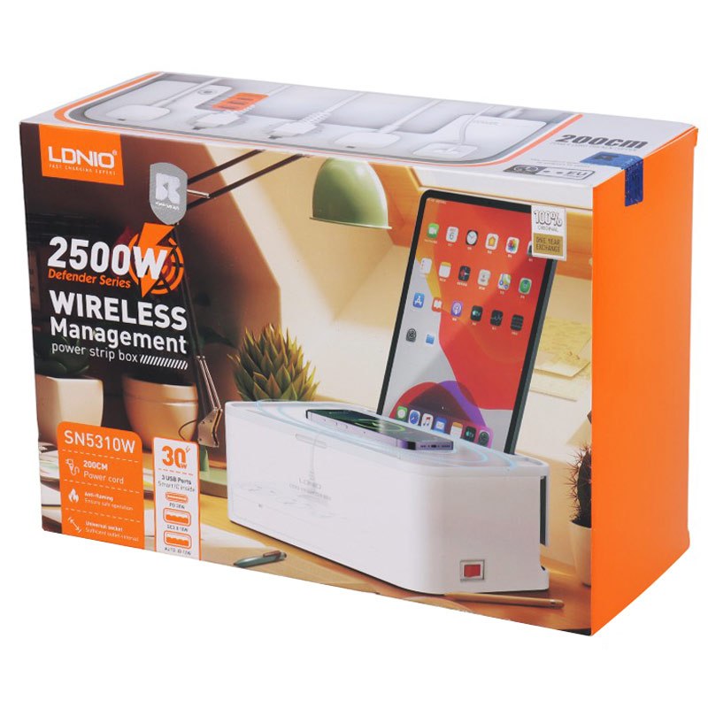 چند راهی برق و شارژر وایرلس الدینیو SN5310W با کابل 2 متری + شارژر USB و Type-C