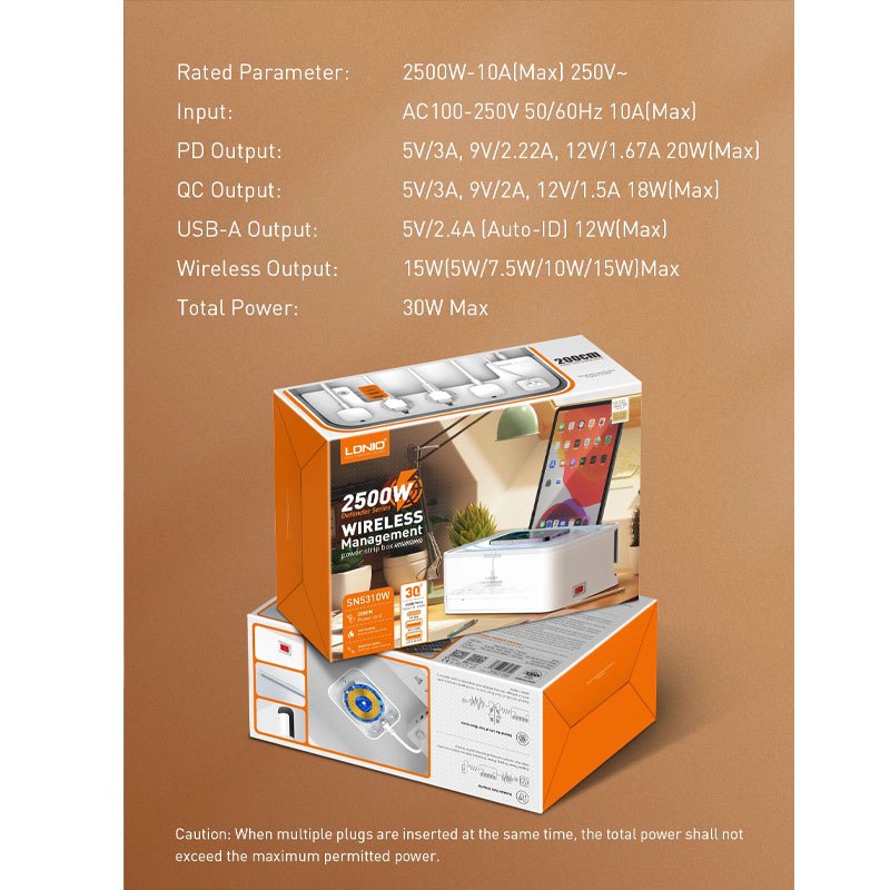 چند راهی برق و شارژر وایرلس الدینیو SN5310W با کابل 2 متری + شارژر USB و Type-C