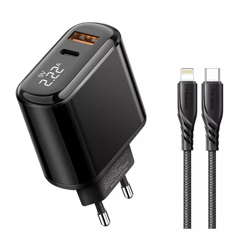 شارژر دیواری فست شارژ Mcdodo LCH-717 2Port 3A QC3.0 PD3.0 20W + کابل آیفونی