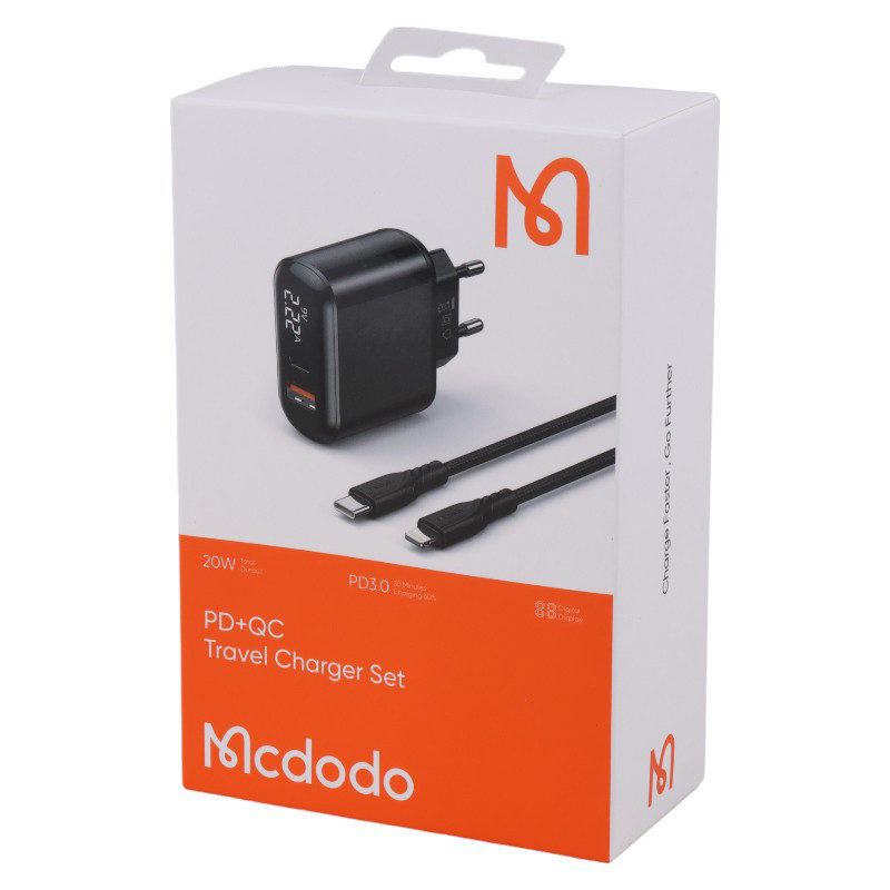 شارژر دیواری فست شارژ Mcdodo LCH-717 2Port 3A QC3.0 PD3.0 20W + کابل آیفونی