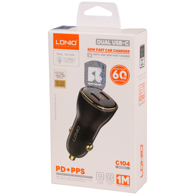 شارژر فندکی فست شارژ Ldnio C104 3A PD 60W + کابل تایپ سی