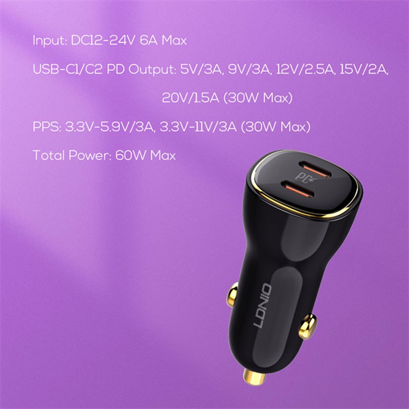 شارژر فندکی فست شارژ Ldnio C104 3A PD 60W + کابل تایپ سی
