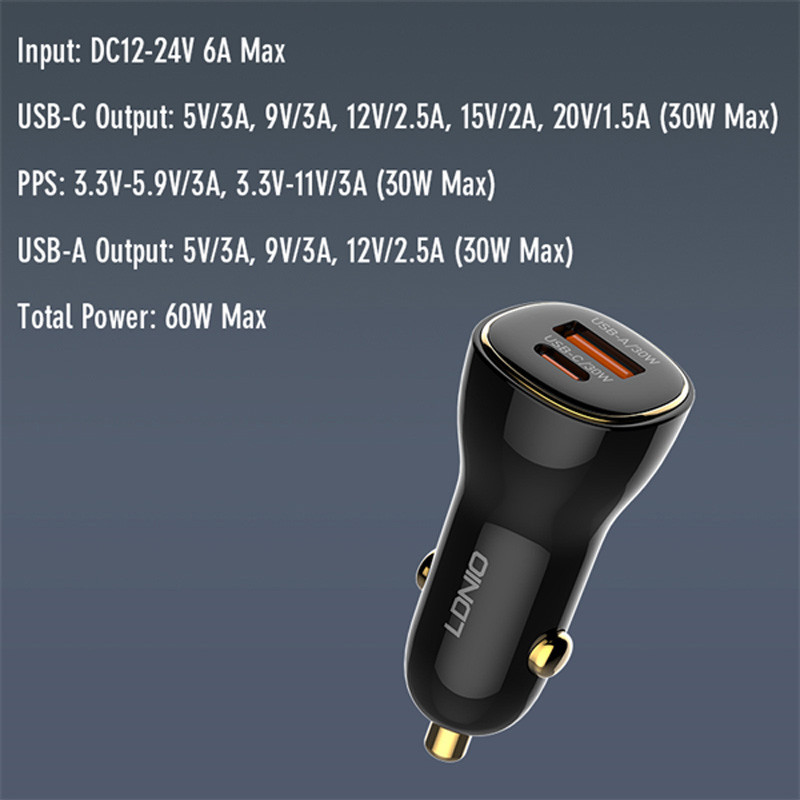 شارژر فندکی فست شارژ Ldnio C103 3A QC3.0 PD 60W + کابل تایپ سی