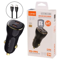 شارژر فندکی فست شارژ Ldnio C104 3A PD 30W + کابل تبدیل تایپ سی