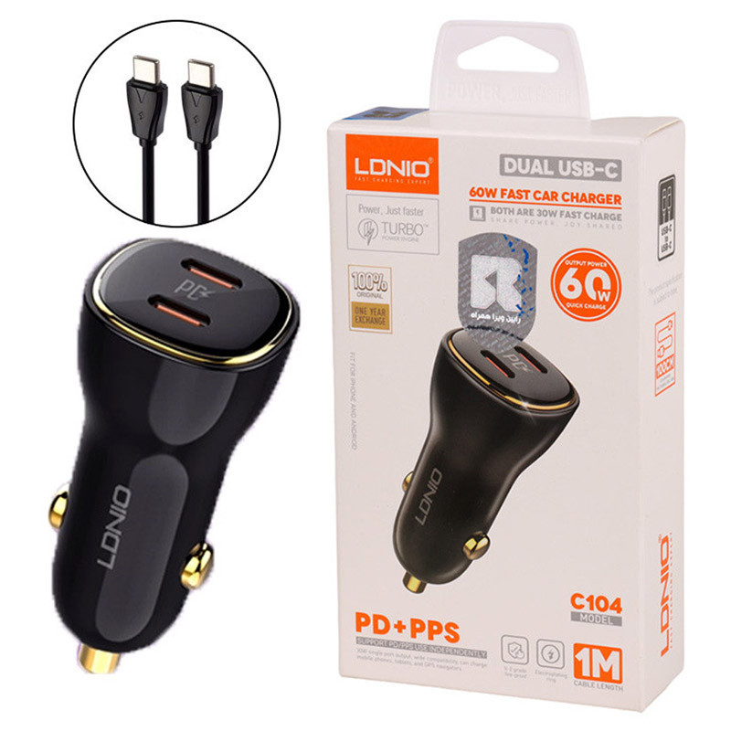 شارژر فندکی فست شارژ Ldnio C104 3A PD 30W + کابل تبدیل تایپ سی