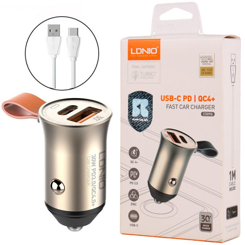 شارژر فندکی فست شارژ Ldnio C509Q 5A QC4.0 PD3.0 30W + کابل تایپ سی