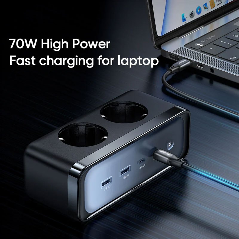 چند راهی 2 خانه برق ارت دار مک دودو CH-461 با کابل 1.5 متری + شارژر USB و Type-C