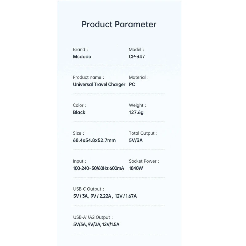 شارژر دیواری فست شارژ Mcdodo CP-347 3Port 3A PD 20W