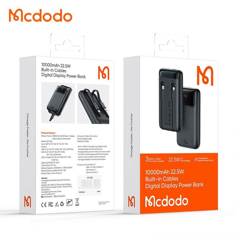 پاور بانک فست شارژ مک دودو MC-024 QC4.0 PD3.0 22.5W ظرفیت 10000 میلی آمپر ساعت