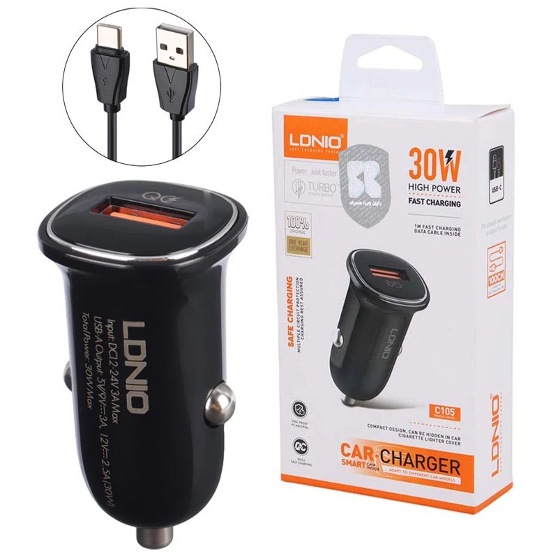 شارژر فندکی فست شارژ Ldnio C105 CQ3.0 3A 30W + کابل تایپ سی