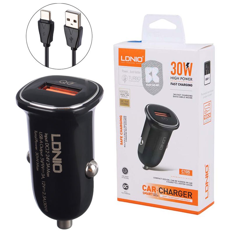 شارژر فندکی فست شارژ Ldnio C105 CQ3.0 3A 30W + کابل تایپ سی