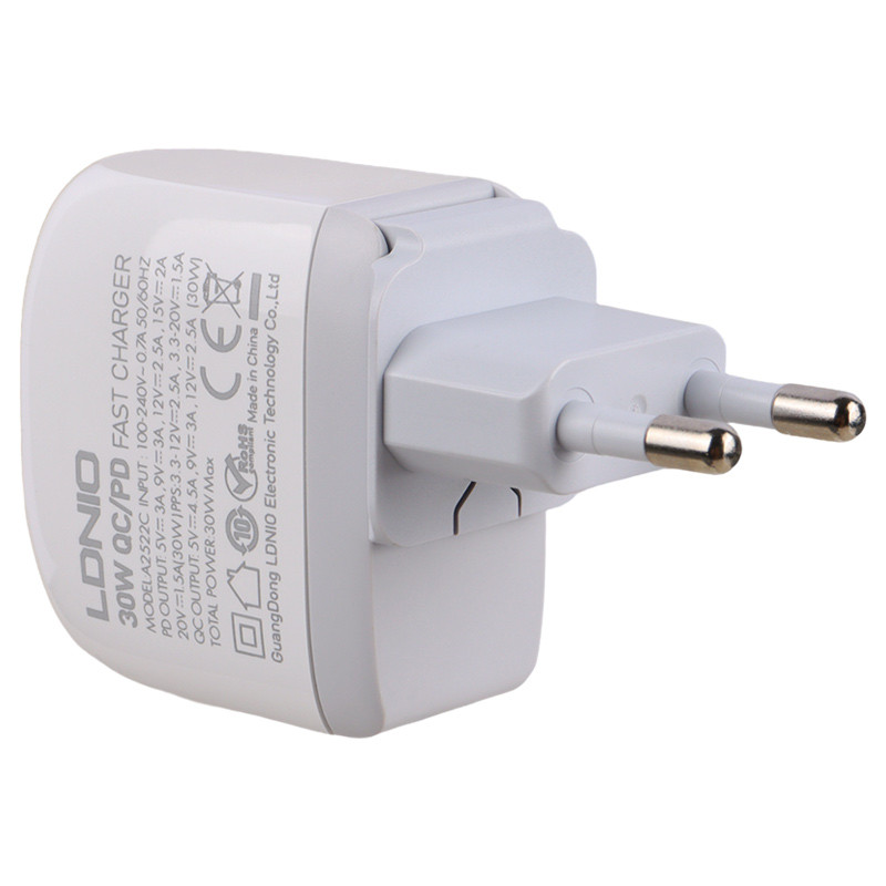 شارژر دیواری فست شارژ Ldnio A2522C 2Port 4.5A QC3.0 PD 30W + کابل تایپ سی