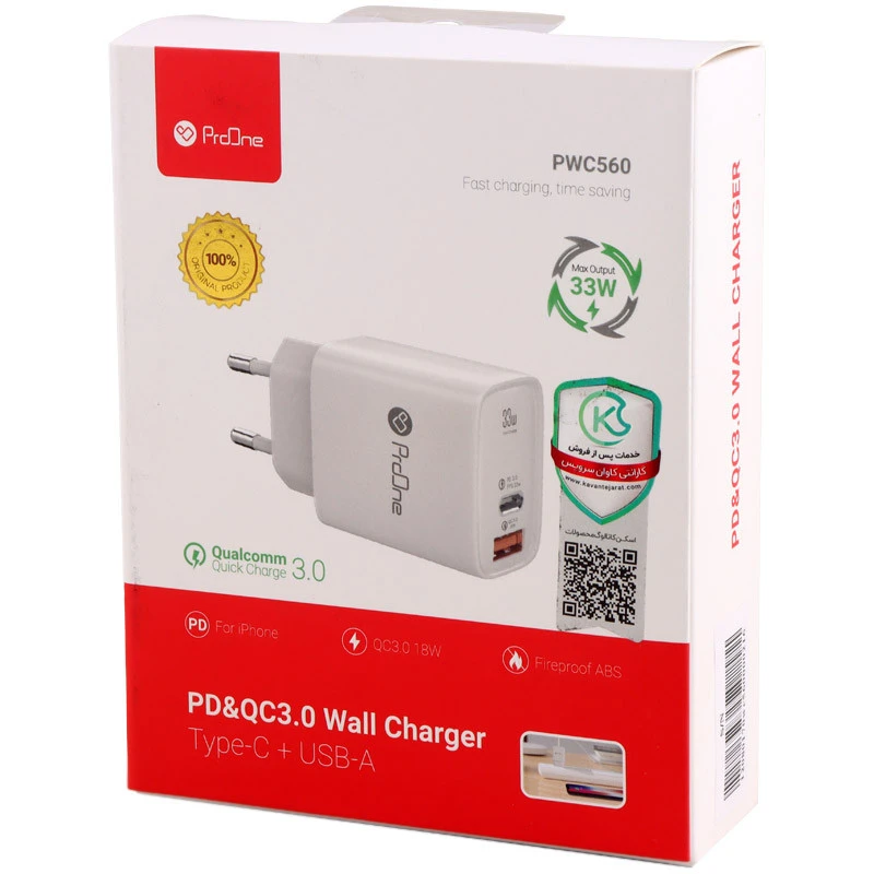 شارژر دیواری 30 وات پرووان PWC560 QC3.0 PD3.0 3A