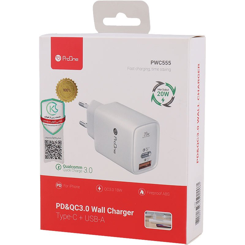 شارژر دیواری 20 وات پرووان PWC555 QC3.0 PD3.0 3A