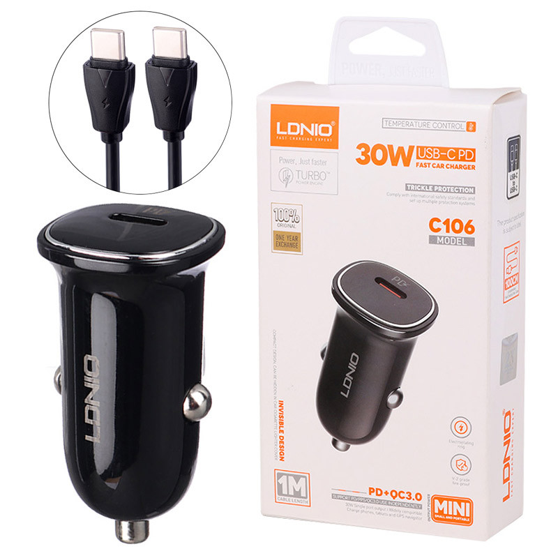 شارژر فندکی فست شارژ Ldnio C106 3A QC3.0 PD 30W + کابل تایپ سی