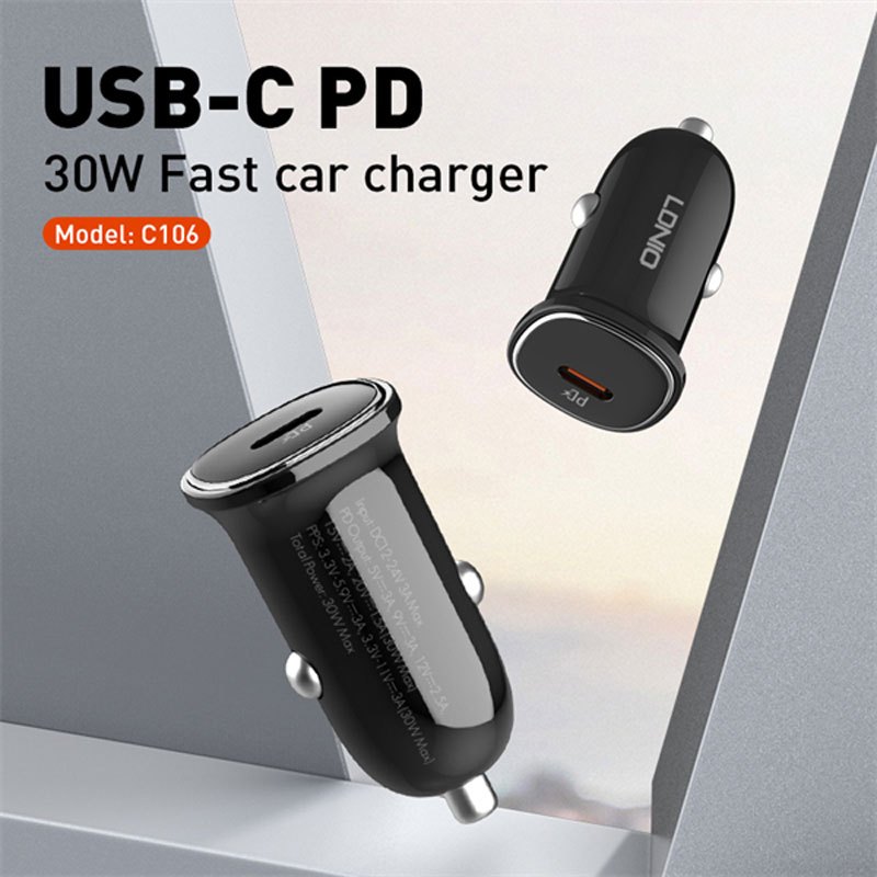 شارژر فندکی فست شارژ Ldnio C106 3A QC3.0 PD 30W + کابل تایپ سی