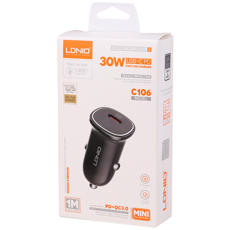 شارژر فندکی فست شارژ Ldnio C106 3A QC3.0 PD 30W + کابل تایپ سی