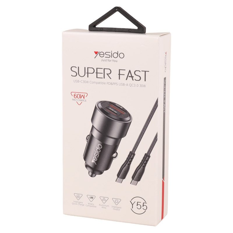 شارژر فندکی فست شارژ Yesido Y55 QC3.0 PD 3A 30W + کابل تبدیل تایپ سی