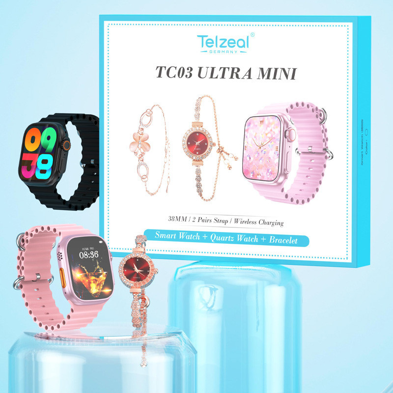 ساعت هوشمند Telzeal TC03 Ultra Mini 38mm + یک عدد ساعت عقربه ای زنانه