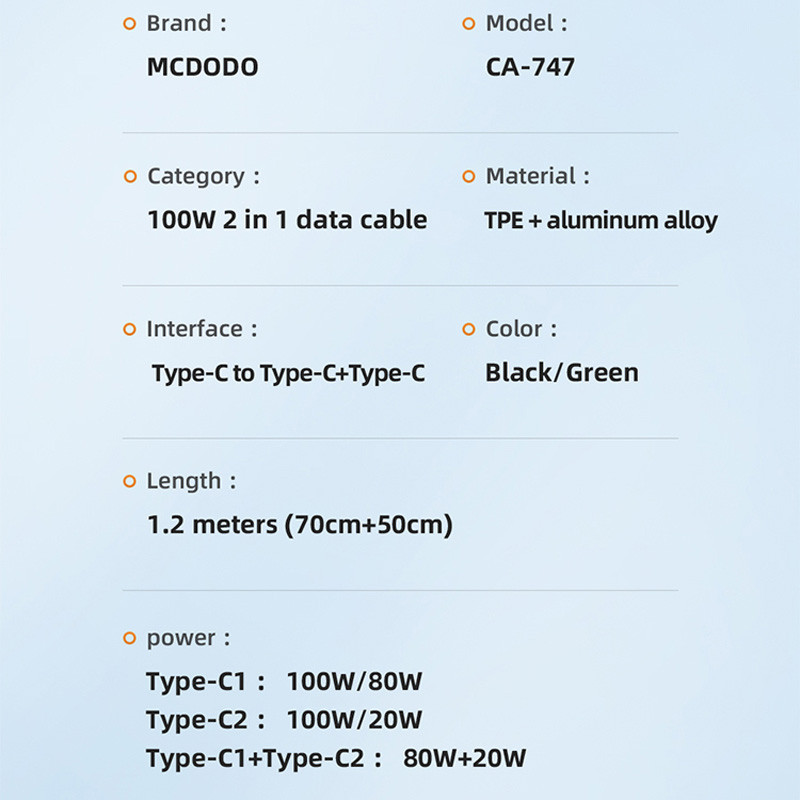 کابل 2 سر فست شارژ Mcdodo CA-747 5A PD 100W 1.2m