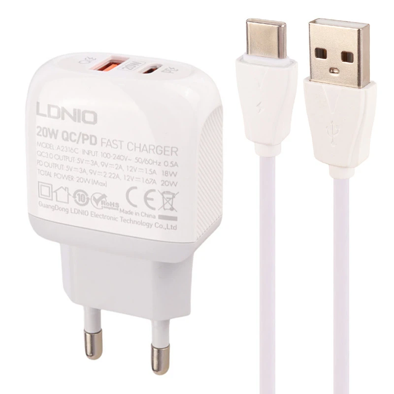 شارژر دیواری فست شارژ Ldnio A2316C 2Port 3A QC3.0 PD 20W + کابل تایپ سی