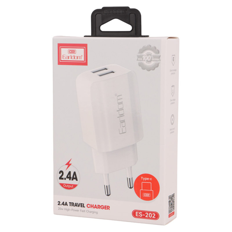 شارژر دیواری فست شارژ Earldom ES-202 2Port 2.4A 12W + کابل تایپ سی