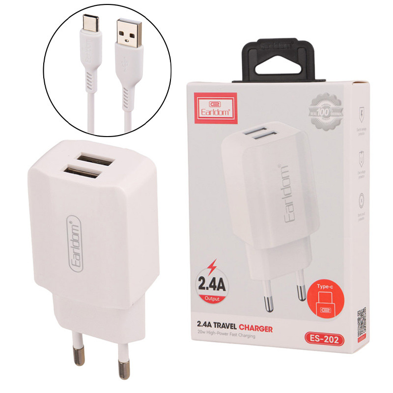 شارژر دیواری فست شارژ Earldom ES-202 2Port 2.4A 12W + کابل تایپ سی