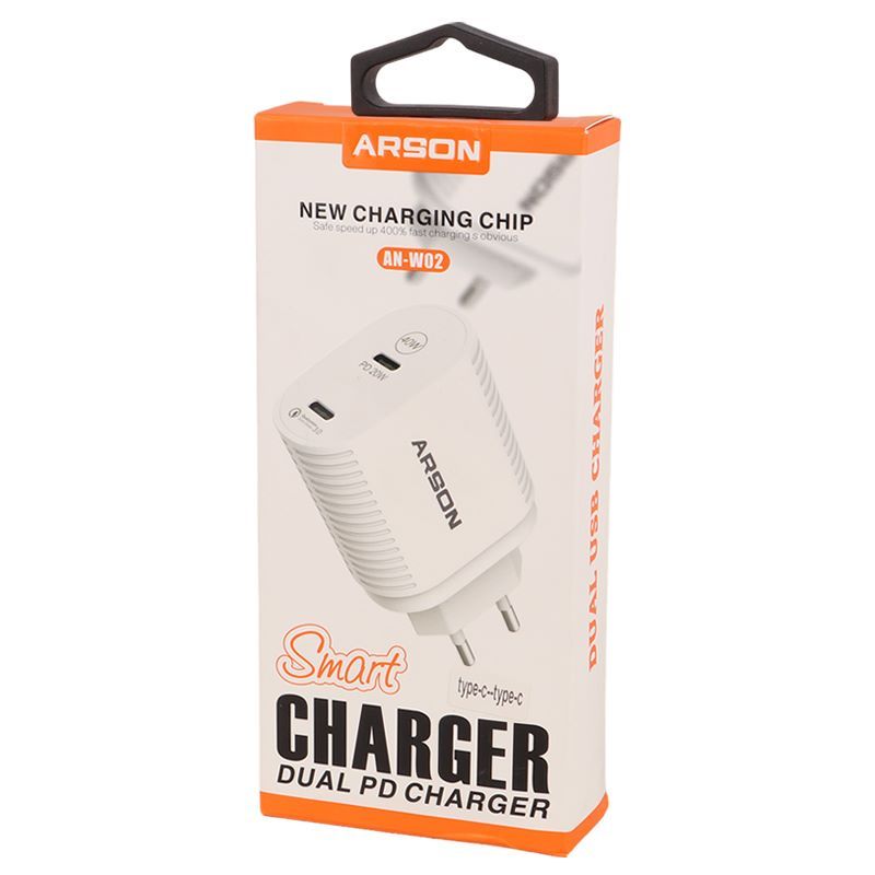 شارژر دیواری فست شارژ Arson AN-W02 4A PD QC3.0 20W + کابل تبدیل تایپ سی