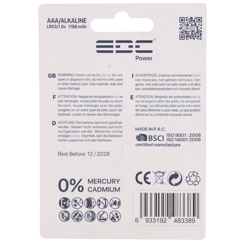 باتری چهارتایی نیم قلمی EDC Power Alkaline LR03 1.5V AAA