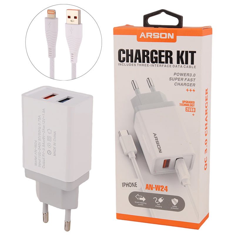 شارژر دیواری 18 وات آرسون AN-W24 QC3.0 PD 3.5A + کابل آیفونی