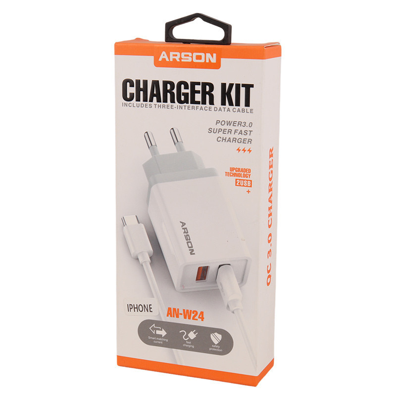 شارژر دیواری 18 وات آرسون AN-W24 QC3.0 PD 3.5A + کابل آیفونی
