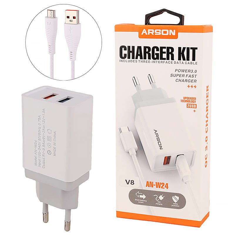 شارژر دیواری فست شارژ Arson AN-W24 2Port 3.5A QC3.0 PD 18W + کابل میکرو یو اس بی