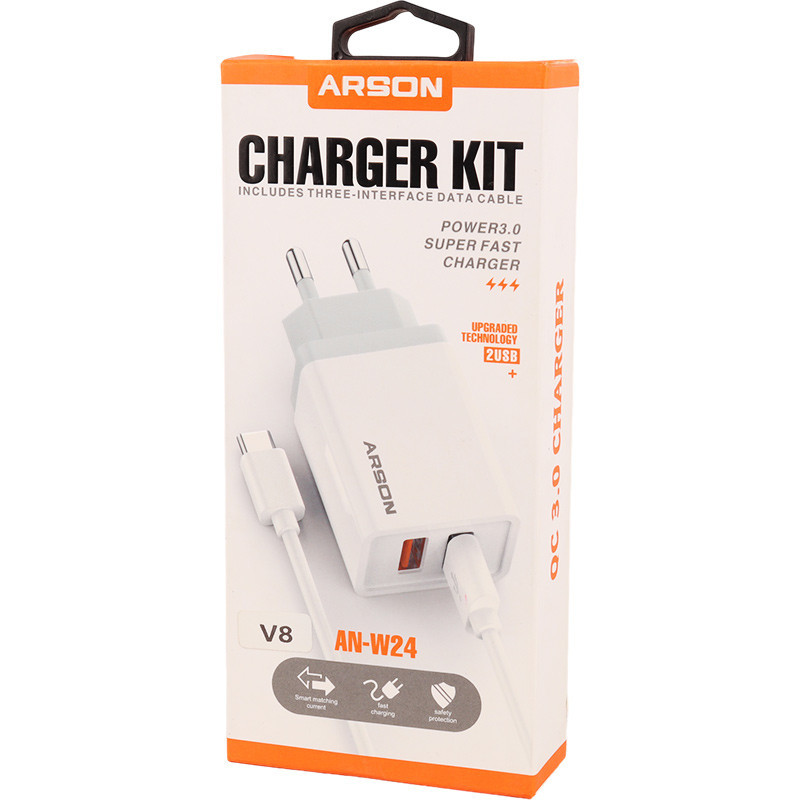 شارژر دیواری فست شارژ Arson AN-W24 2Port 3.5A QC3.0 PD 18W + کابل میکرو یو اس بی