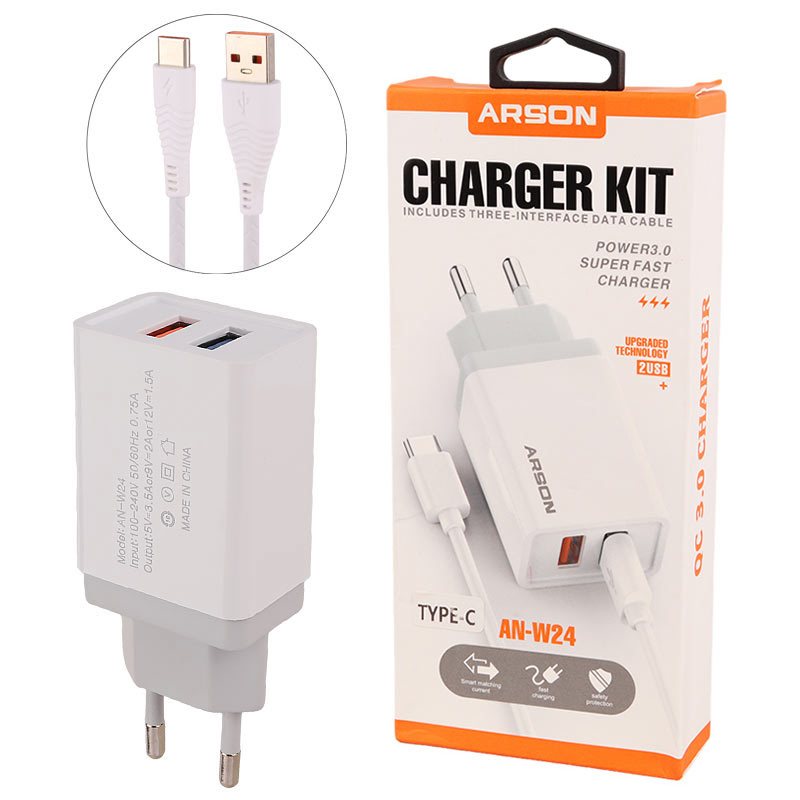 شارژر دیواری فست شارژ Arson AN-W24 2Port 3.5A QC3.0 PD 18W + کابل تایپ سی