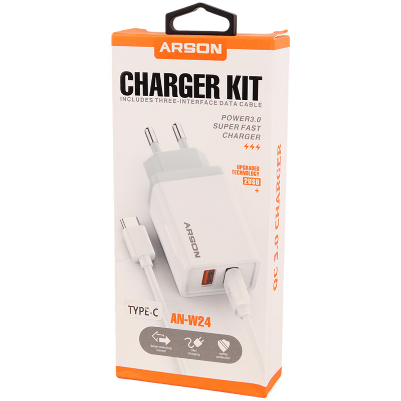 شارژر دیواری فست شارژ Arson AN-W24 2Port 3.5A QC3.0 PD 18W + کابل تایپ سی