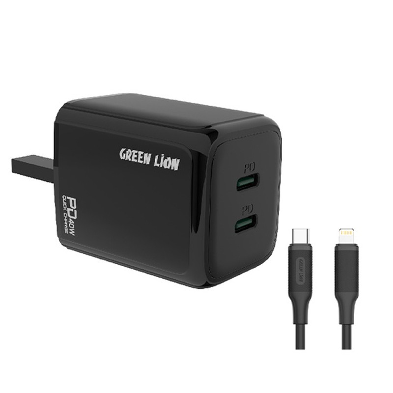 شارژر دیواری فست شارژ Green Lion GNPD40UCLWCBK 2Port PD 40W + کابل آیفونی