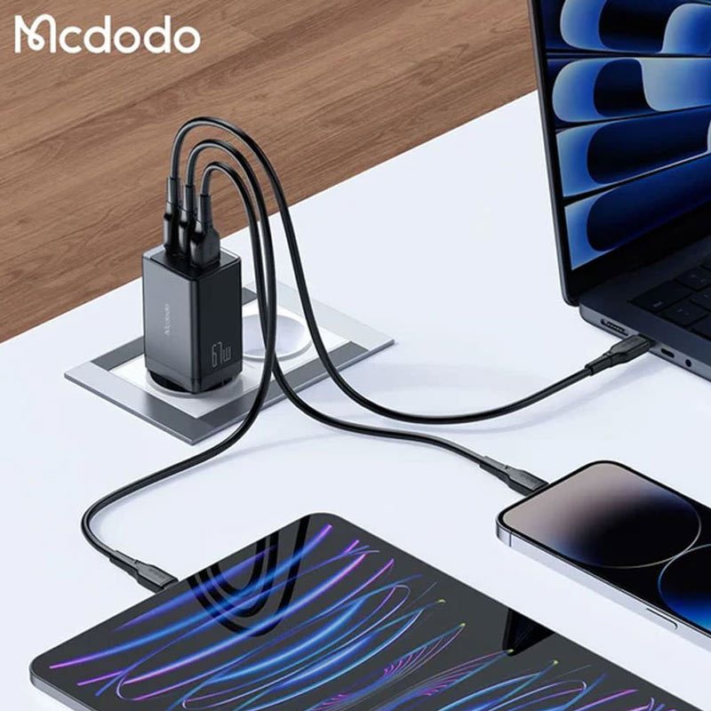 شارژر دیواری فست شارژ Mcdodo CH-154 GaN 5 Mini Pro 3Port 5A QC4.0 PD3.0 67W + کابل تبدیل تایپ سی