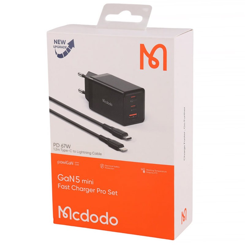 شارژر دیواری فست شارژ Mcdodo CH-154 GaN 5 Mini Pro 3Port 5A QC4.0 PD3.0 67W + کابل تبدیل آیفونی