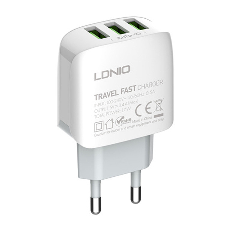 شارژر دیواری فست شارژ LDNIO A3312 3Port 3.4A 17W + کابل تایپ سی