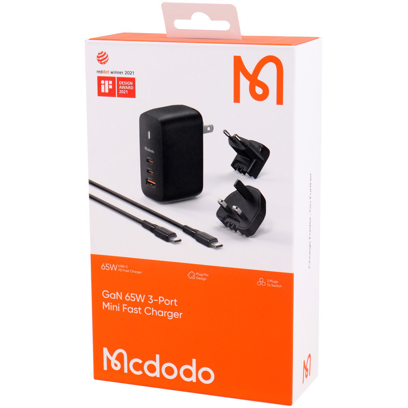 شارژر دیواری فست شارژ Mcdodo CH-844 GaN 3Port 5A QC4.0 PD3.0 65W + کابل تبدیل تایپ سی